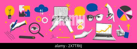 Trendy halftone collage business elements set vector illustration Stock Vector