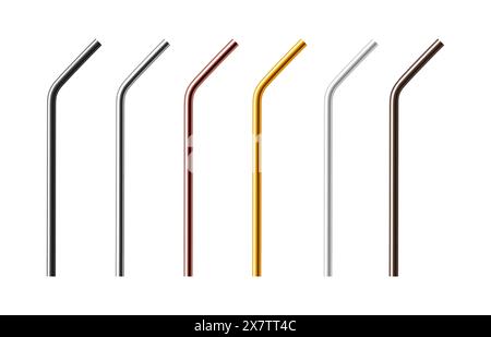 Set of reusable metal drinking straws. Realistic vector illustration isolated on white background. Stock Vector