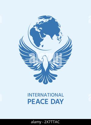 International Peace Day postcard. A blue dove with outstretched wings and an Earth globe above it, vector illustration Stock Vector