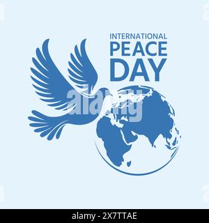 International Peace Day card. Dove of peace and Earth globe on a pastel blue background, flat vector illustration Stock Vector