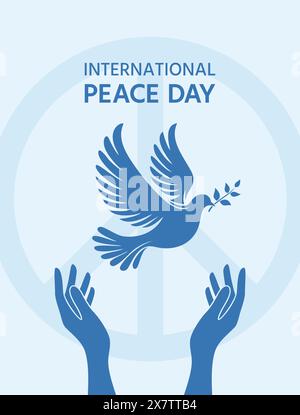 International Day of Peace. Peace dove and raised hands on the background of peace symbol, vector illustration Stock Vector