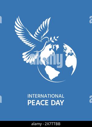 International Peace Day postcard. A dove with an olive branch in its beak and the Earth globe on a blue background, vector illustration Stock Vector