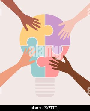 Hands of people of different nationalities putting together colorful pieces of puzzle in the shape of a lightbulb. Vector flat illustration Stock Vector