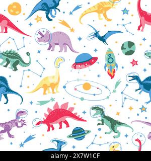 Astronaut dinosaur character design. Cute space seamless pattern. Dinosaur,space ship, rocket vector print on white. Stock Vector