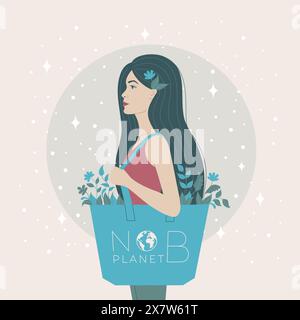 A woman profile, in flat art style, eco bag. Stock Vector