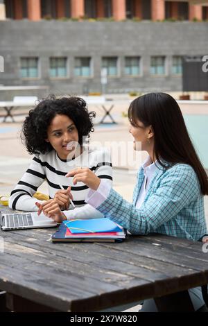 Two multiethnic students studying outside the University Stock Photo