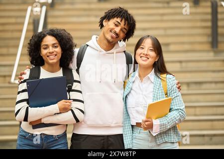 Three young students are smiling and looking to camera Stock Photo