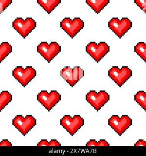 Pixel art 8 bit fire objects. Heart in vintage style. Seamless pattern. Game icons set. Hand drawn engraved retro illustration. Stock Vector