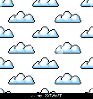 Pixel art cloud. Seamless pattern. 8 bit objects. Art, digital icons. Retro assets. Vintage game style. Set of characters. Vector illustration. Stock Vector