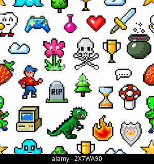 Pixel art 8 bit objects. Seamless pattern. Retro game assets. Set of icons. Vintage computer video arcades. Characters and coins, Winner's trophy Stock Vector