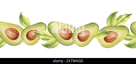 Avocado horizontal Watercolor Seamless Border Pattern. Hand drawn botanical illustration. Can be used for fabric, kitchen textile, packaging print Stock Photo