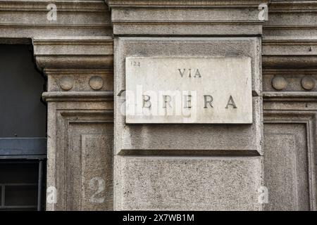 Street sign of Via Brera, in the central Brera district, home to the renowned Brera Picture Gallery and Brera Academy of Fine Arts, Milan, Italy Stock Photo