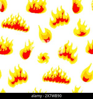 Nuclear explosion. Seamless pattern. Pixel art 8 bit fire objects. Mushroom cloud. Game icons set. Comic large boom flame effects. Lit match and Stock Vector