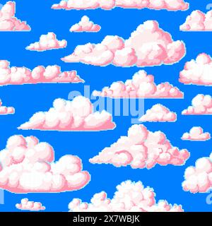 Pixel art cloud. Seamless pattern. 8 bit objects. Art, digital icons. Retro assets. Vintage game style. Set of characters. Vector illustration. Stock Vector