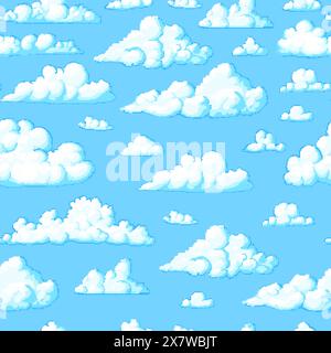 Pixel art cloud. Seamless pattern. 8 bit objects. Art, digital icons. Retro assets. Vintage game style. Set of characters. Vector illustration. Stock Vector