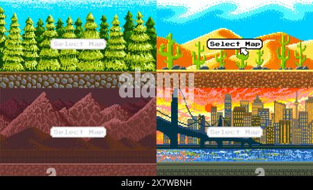 Modern city. Mountains. Cacti in the desert. Christmas trees. Pixel art 8 bit objects. landscape background for the application or a website. Retro Stock Vector