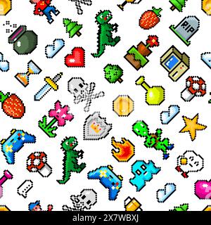 Pixel art 8 bit objects. Seamless pattern. Retro game assets. Set of icons. Vintage computer video arcades. Characters and coins, Winner's trophy Stock Vector