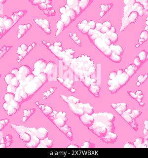 Pink Pixel art cloud. Seamless pattern. 8 bit objects for girl. Art, digital icons. Retro assets. Vintage game style. Set of characters. Vector Stock Vector