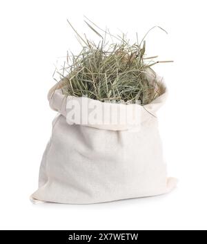 Dried hay in burlap sack isolated on white Stock Photo