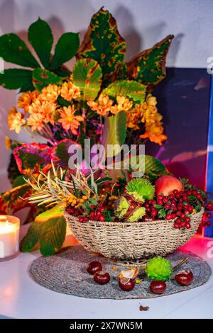A beautiful composition of chestnuts, autumn flowers and leaves, sea buckthorn and hawthorn berries. Autumn still life, autumn bouquet in a wicker bas Stock Photo