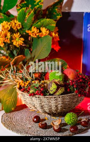A beautiful composition of chestnuts, autumn flowers and leaves, sea buckthorn and hawthorn berries. Autumn still life, autumn bouquet in a wicker bas Stock Photo