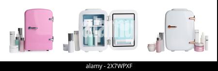 Set of mini refrigerators isolated on white Stock Photo