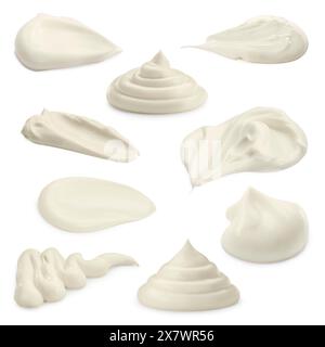 Sour cream or mayonnaise smears isolated on white, set. Delicious sauce Stock Photo