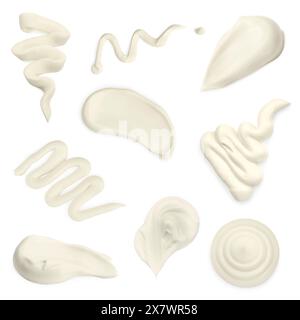 Sour cream or mayonnaise smears isolated on white, set. Delicious sauce Stock Photo