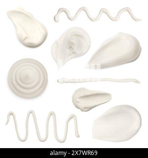 Sour cream or mayonnaise smears isolated on white, set. Delicious sauce Stock Photo