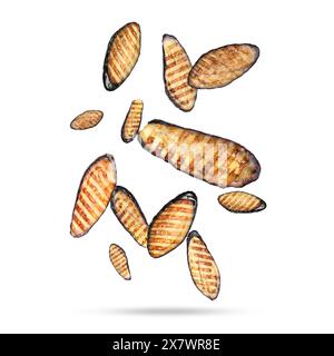 Slices of grilled eggplants in air on white background Stock Photo