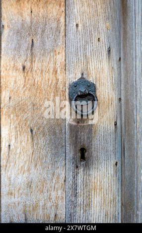 Old door knocker on wooden door Stock Photo