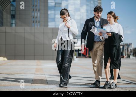 Multicultural business team discussing strategy outdoors Stock Photo