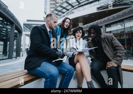 Multiracial business team collaborating on a project outdoors. Stock Photo