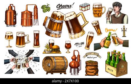 Beer classical wooden barrels, Distilled alcohol. Hop, malt. Cheers toast. Glass mugs with drink. Burger with potatoes set. Engraved in ink hand drawn Stock Vector