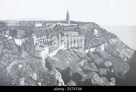 Monastery of St. George near Sevastopol in Crimea. Engraving from the 19th century. Stock Photo