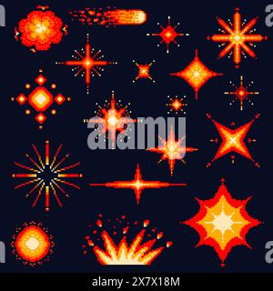Pixel art explosions. game icons set. Comic boom flame effects for emotion. 8-Bit Vector. Bang burst explode flash nuclear bubble dynamite with smoke Stock Vector