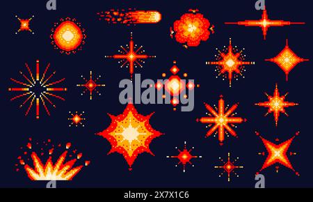 Pixel art explosions. game icons set. Comic boom flame effects for emotion. 8-Bit Vector. Bang burst explode flash nuclear bubble dynamite with smoke Stock Vector