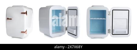 Mini refrigerator for cosmetic products isolated on white, set Stock Photo