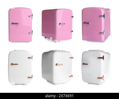 Mini refrigerators for cosmetic products isolated on white, set Stock Photo