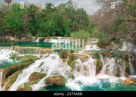 Beautiful waterfall of El Salto del Meco in San Luis Potosi, in the Huasteca Mexico vacation river, no people Stock Photo