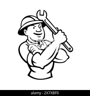 Mascot illustration of bust of a diesel service technician, mechanic or diesel technician holding shifter spanner wrench front wearing full brim hard Stock Vector
