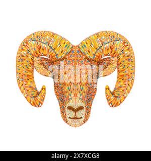 Pointillist, Impressionist or pop art style illustration of head of a bighorn sheep or ram Ovis canadensis viewed from front on isolated background in Stock Vector