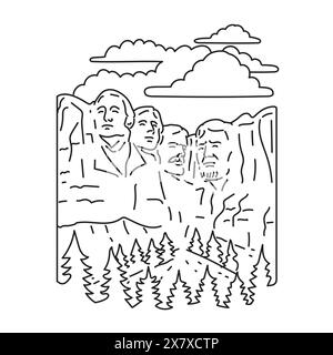 Mono line illustration of Mount Rushmore National Memorial with colossal sculpture called Shrine of Democracy in Black Hills near Keystone, South Dako Stock Vector