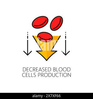 Decreased blood cells production hematology color line icon, anemia disease symptom. Isolated vector linear sign erythrocytes red cells and arrow showing down symbolizing compromised hematopoiesis Stock Vector