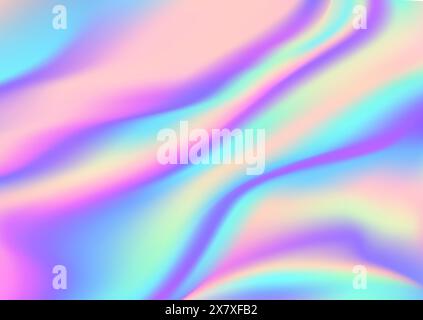 Holographic foil background with ethereal, fluid swirls and iridescent pastel blue, purple and pink colors in dreamlike, abstract hologram pattern. Vector vibrant rainbow undulating streaks and curves Stock Vector
