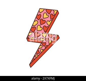 Cartoon retro groovy hippie love lightning with hearts, vector funky comic art. 70s hippie and groovy cartoon lightning or thunderbolt with red hearts pattern for Valentine or wedding romance symbol Stock Vector