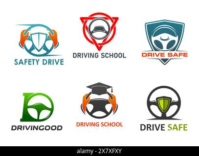 Drive school icons with steering wheels. Safe drive, driving school symbols of vector car vehicle wheels, driver hands, safety shields and graduation hat. Driver education and trainings isolated signs Stock Vector