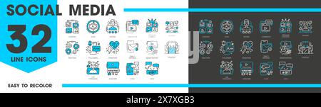 Blogging line icons, social media content, live streaming and vlogging, vector symbols. Social media icons of blogger followers, video content for donation and monetization, digital podcast and chat Stock Vector