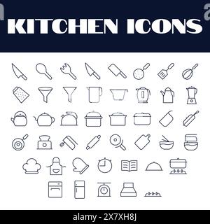 Kitchen icons set. kitchen line icons set vector. kitchen items tools vector icons. Stock Vector