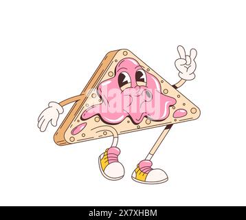 Cartoon retro groovy toast character with jam. Isolated vector funky, triangular, freshly baked slice of bread personage with groove vibes, bringing nostalgic and psychedelic touch to breakfast Stock Vector